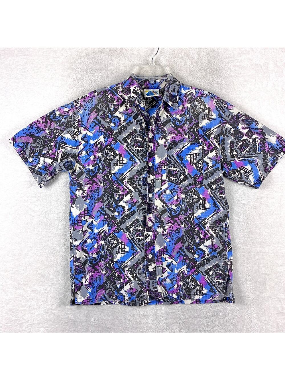 VTG Sears The Mens Store Hawaiian Shirt Mens L Blue Purple Geometric Beach 80s
